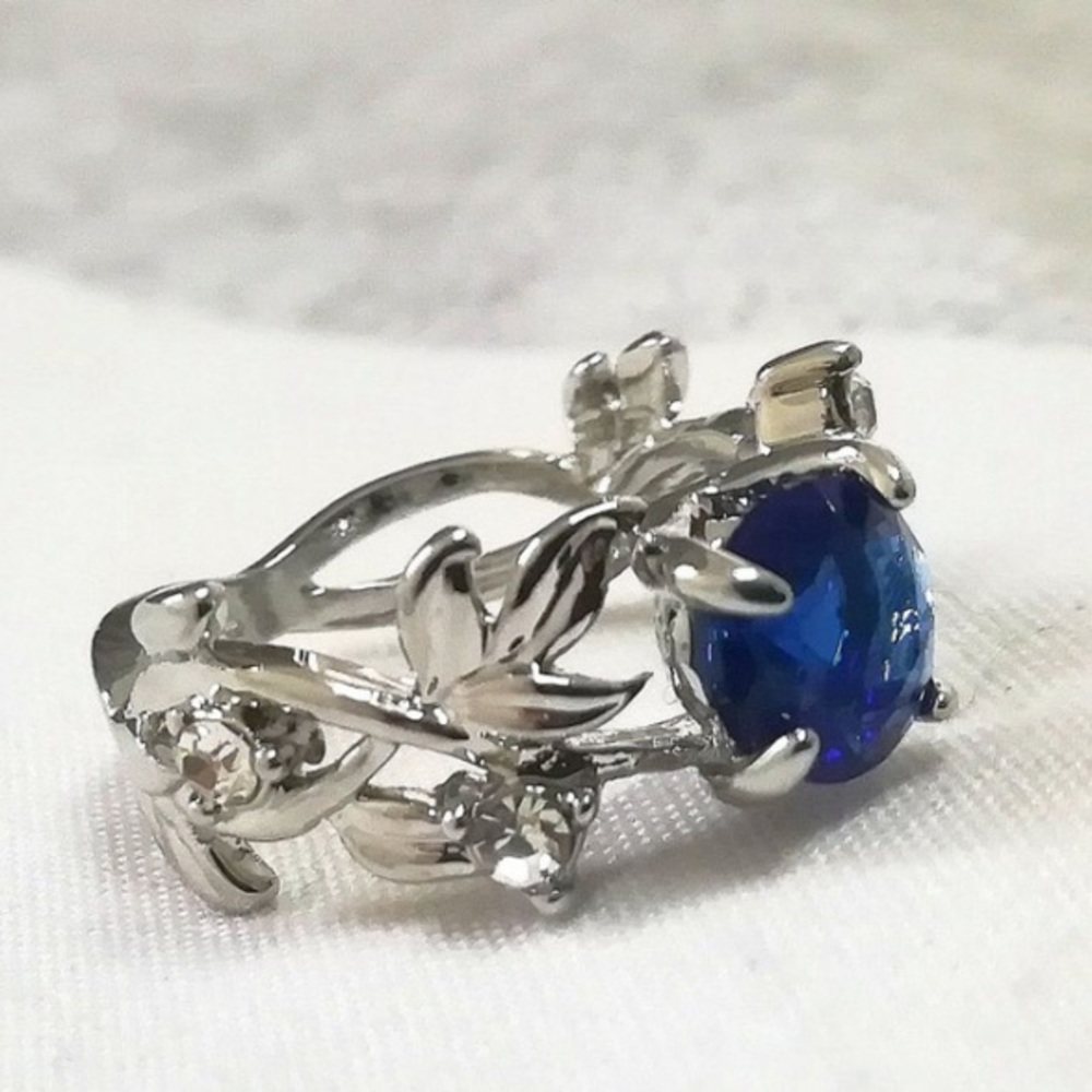 New Sterling Silver Blue White Sapphire Hand Crafted Floral Vine Flower Ring - Picture 4 of 14
